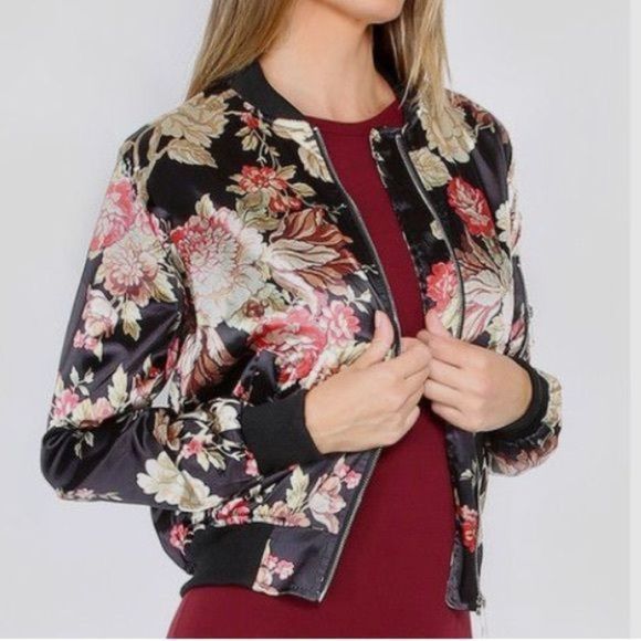 Jackets & Blazers - Black Floral Satin Bomber Silk Jacket